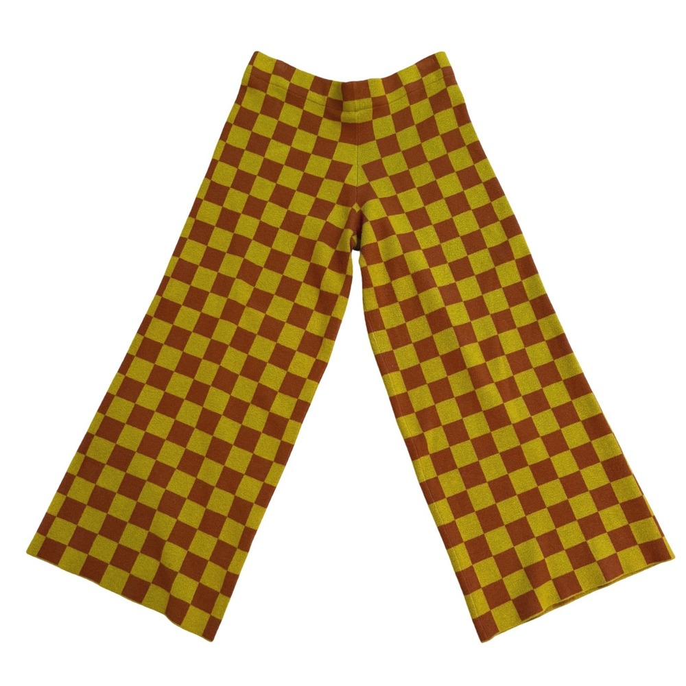 Saint Geraldine Whimsical Funky Checkered Knit Wide Leg Pants Green Brown XXL